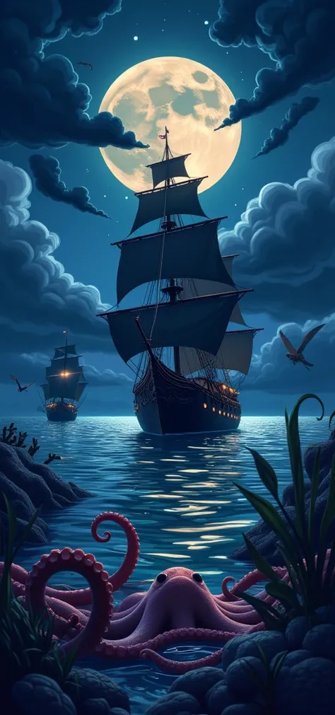 an illustrative image, flat design, dark theme, night feel, nighttime, stormy sky, long and connecting image. The first part of the picture of the sky and black clouds. the second part is a Flying Dutchman pirate ship, a scary black ship, a storm in the mi...