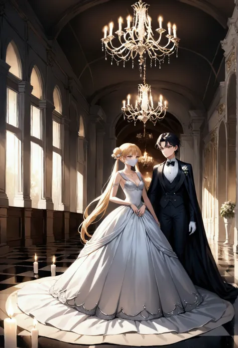 Create a realistic image of Sailor Moon and Tuxedo Mask entering a grand ballroom together. Sailor Moon is wearing a breathtaking white ball gown with silver accents, resembling her iconic sailor uniform but more elegant, with a flowing skirt that sparkles...