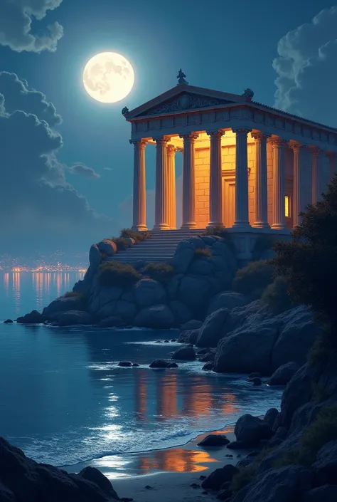 Greek temple near the sea at night