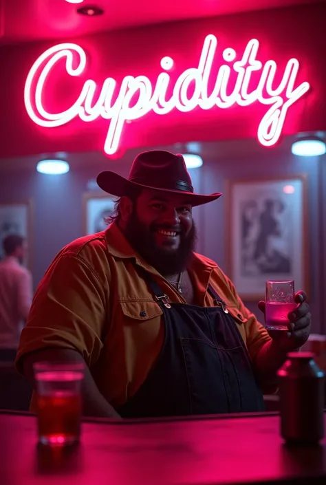 Inside nightclub "CUPIDITY" with pink neon sign with pinkish lightings, behind the bar counter, a ugly male fat farmer holds a pink beverage in a glass while smiling at us. Real. Real Life. 