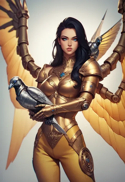 1girl, long dark hair, blue eyes, beautiful detailed face, detailed eyes, detailed lips, armor jumpsuit, yellow top, sleeves, silver armbands, metallic bird wings, golden wings, golden pants, carrying an ak47