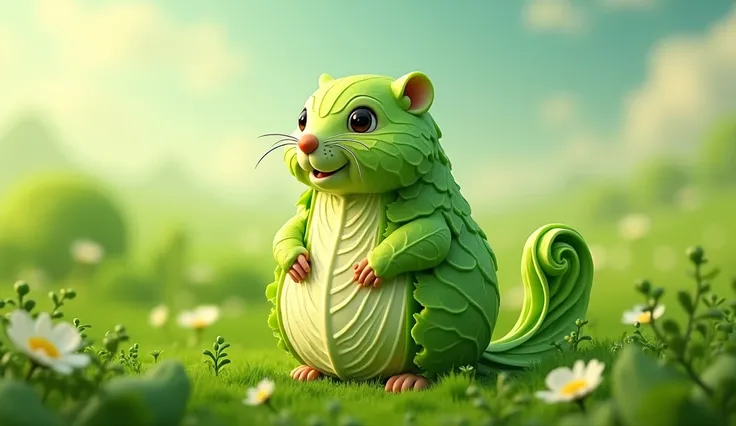 Unique 3D rendering of marmot-shaped cabbage slices  ,  made entirely of lush cabbage fruits Its cute and bright appearance ,  with very detailed and intricate slices .  The background shows a lush cabbage field meadow . Conceptual artwork ,  features a ch...