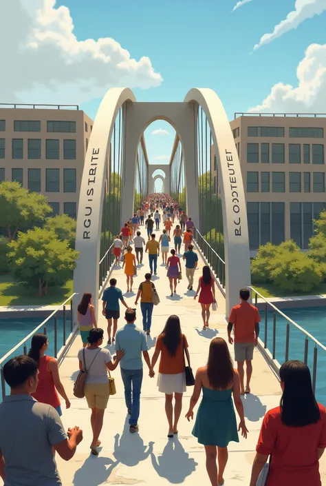 Draw a large bridge connecting two sides-one side represented by a government building (symbolizing state institutions) and the other by a community center or NGO office (representing non-state
institutions). People of different backgrounds are walking on ...