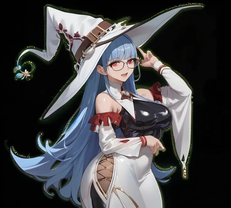  1girl, full,body, black latex shirt, bare shoulders, breasts, tight under shirt, latex under shirt, white skirt, glasses, shoulderless sleeves, large breasts, blue hair, long hair, long sleeves, long sleeves, witch,sleeves, long hair, witch wat, large poi...