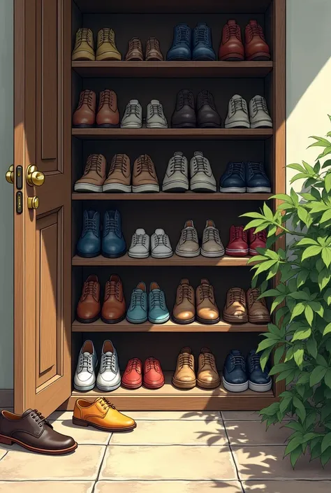 On the edge of the door of the house appears a shoe rack . various kinds of mens shoes ,  women and ren arranged on the shelf .  There are also some slippers scattered in front of the door.

 draw this composition from a close distance with an emphasis on ...