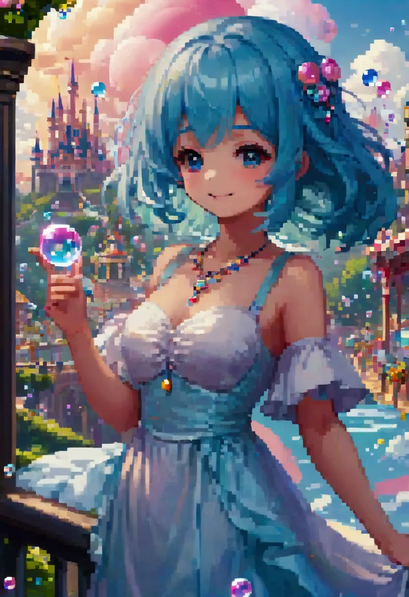 colorful fantasy amusement park, Magical Bubbles floating everywhere，Pixel Art, Low resolution,  block , Pixel Art风格, 8-bit graphics, Anime Girl，Gradient eyes， disheveled blue hair ， blush， charming smile ， Elegant and flowing dress ，Hair accessories，neckl...