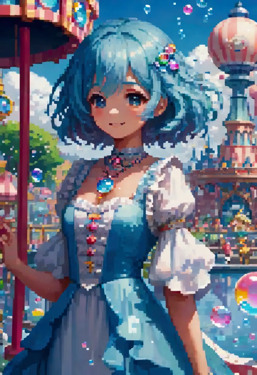 colorful fantasy amusement park, magical bubbles floating everywhere，pixel art, low resolution,  block , pixel art风格, 8-bit grap...