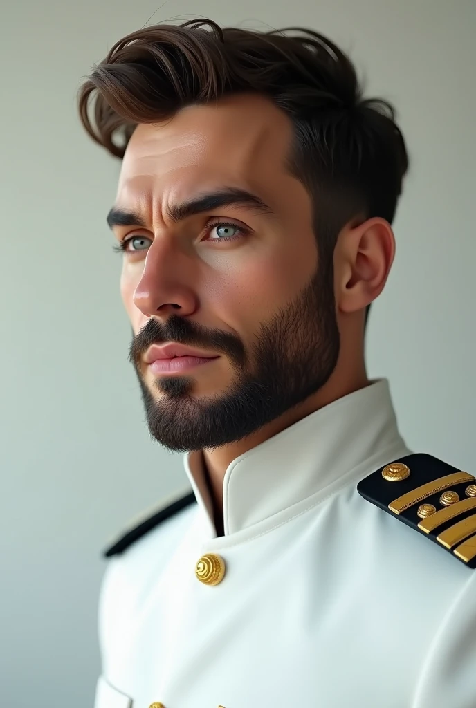 Light brown man drawing , with defined beard,  big eyes, dark eyes,  long eyelashes ,  profiled nose wearing white airplane pilots uniform.