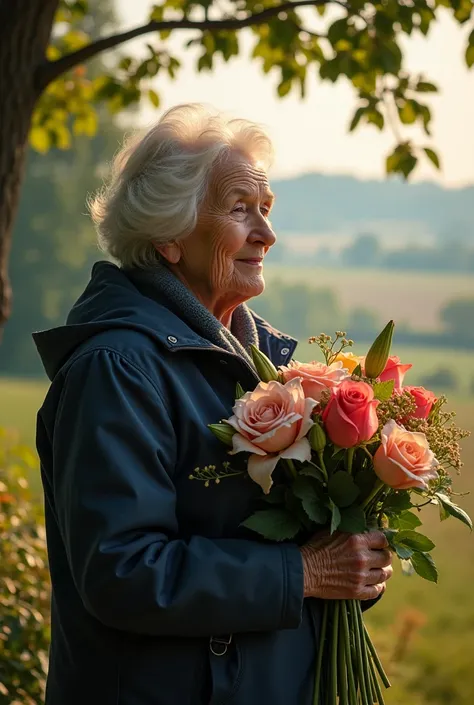  An elderly woman in a dark blue jacket stands in the garden. holding a bouquet of flowers. rose, lilies, outside the village. haze.fields are visible. oak leaves hang from above. rays. glare on clothes and flowers. hyperrealism