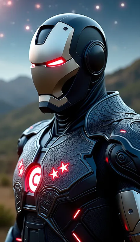 A sleek Ironman suit inspired by New Zealand, featuring a deep black base with silver and red accents. The chestplate showcases a glowing silver fern, a national symbol, with four radiant red stars representing the Southern Cross constellation. The shoulde...