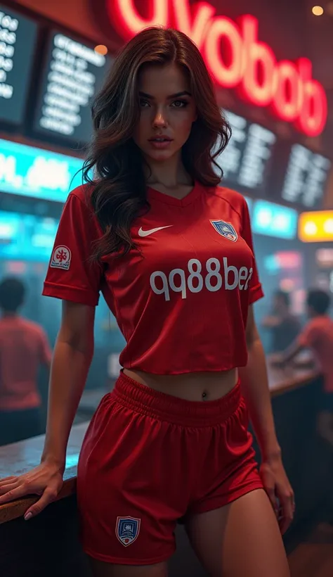 Make me a picture of a very sexy woman wearing a soccer jersey that says QQ88BET and a sportsbook background.