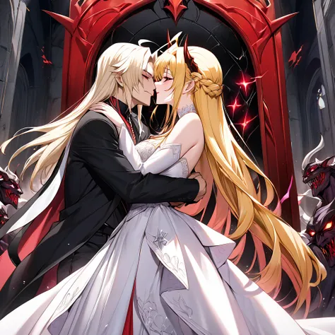 The woman who became a demon as a wife to the ugly demon king of the alien form and passionately hugged the demon king and had the devils wedding is the beautiful devils blond Fate Testarossa, smiles gently on her beloved husband, wears a gorgeous and evil...