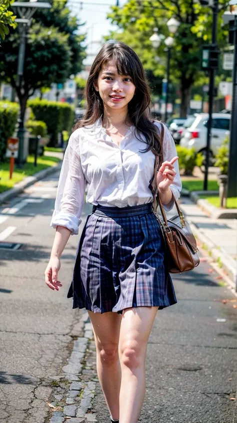 a beautiful 18 year old japanese high school girl with perfect anatomy, healthy thighs, beautiful legs, beautiful skin, random hair color and style, large breasts, wearing a japanese schoolgirl uniform, holding a student bag, full body shot, standing on a ...