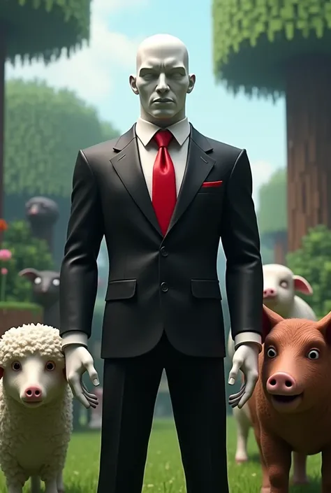 Minecraft bold character with black suit with a red tie.super white skin tone standing next to a sheep,ender man,cow,pig