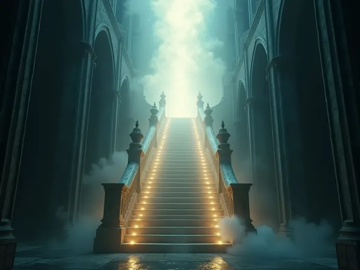 Create a scene of a glowing heavenly staircase symbolizing hope, showing Gods presence during times of hardship. Aspect ratio 16:9, cinematic suspense.