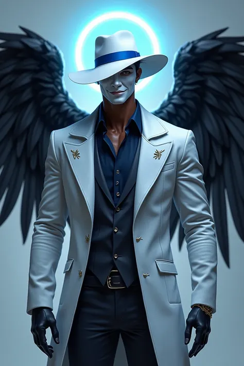 " An angelic man with brown skin ,  dressed in a white hat decorated with a striking blue stripe in the center .  He wears a white jacket combined with a long black shirt .  He wears a white mask with a cheerful smile that resents Turn up your bright blue ...