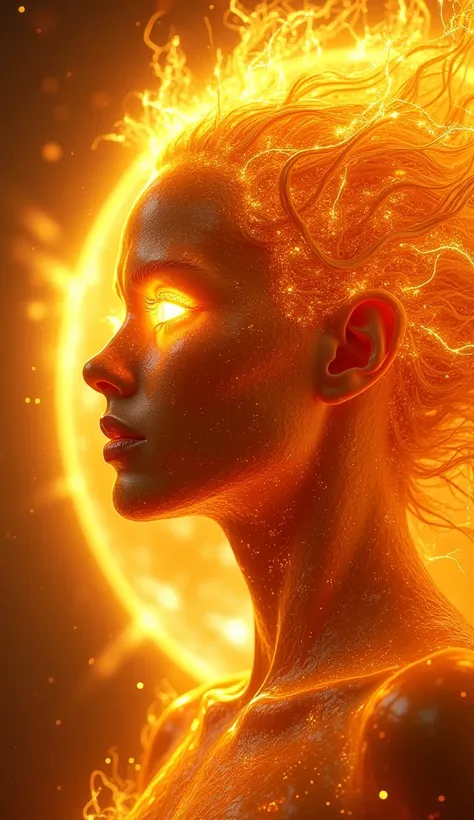 Craft a hyper-realistic portrait of a humanoid inspired by the Sun. The face radiates with golden and fiery tones, with molten cracks glowing bright orange and yellow. The skin shimmers like liquid plasma, constantly shifting and swirling. The eyes burn wi...