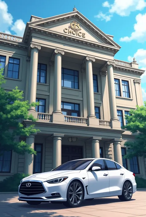 A big building which has a sign of the queen the white sedan car stands under the building High Resolution, HD, Simple background, Anime Style, Depth Of Field,  building name GK choice