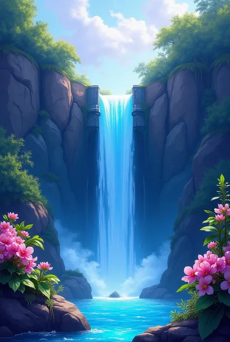 The image is a digital painting of a waterfall cascading down from a dam. Wrapped geometric kaleidoscopic hexagona glossy The scene is framed by lush greenery and vibrant flowers on both sides of the waterfall. The water is a beautiful shade of blue, and t...