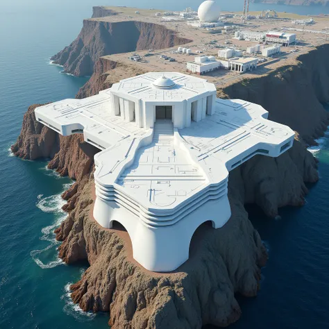  Citadel from plan view, Santorini, Greece, white, Modern,  futuristic citadel , Santorini, on an island, thermal plant ,  island with cliffs , plan view, from above
