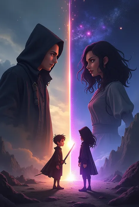 Foreground:
Edward, deep brown eyes, average height and physique, baby like looks, cloaked and on the run, stands on one side of the cover. He is slightly shadowed, with piercing eyes, holding a short but glowing sword. Opposite him is Sanare, breathtaking...