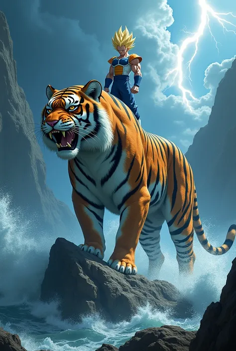 Vegeta on a giant tiger on top of thunderclouds and rough sea rocks