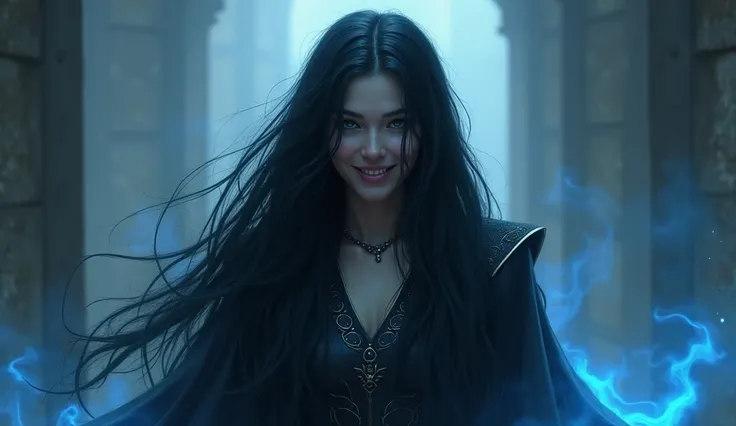 dangerous,  woman with long black hair,  glowing blue light comes from her .  She stands confidently in a dark, foggy , in medieval attire.  Her smile is disturbing ,  with piercing eyes ,  radiating confidence and danger .  The scene is realistic ,  with ...