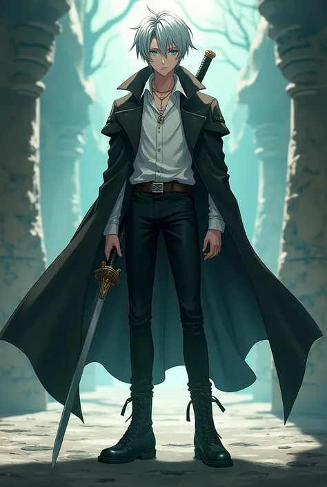  A young wizard with silver hair, water green eyes,  with a white shirt,  black pants ,  black boots and a dark trench coat ,  that he is only trained with a sword, And let it be animé style  