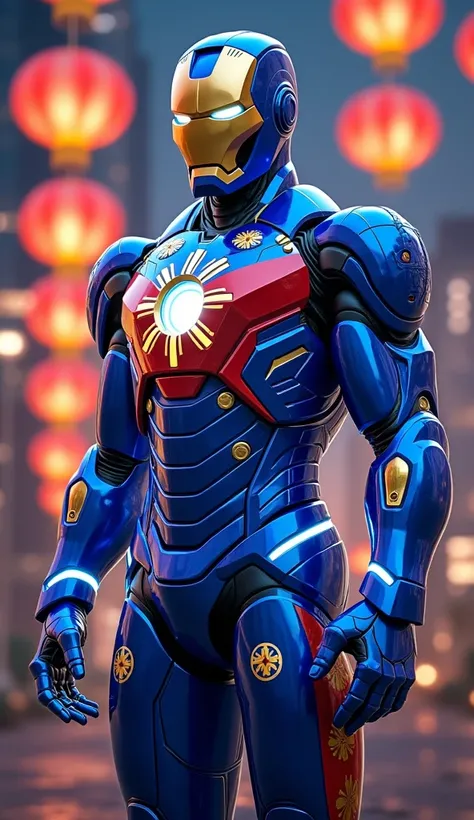 A full-body Ironman suit showcasing the vibrant colors of the Philippine flag. The upper body is royal blue, symbolizing peace and justice, while the legs are a bold blue, representing bravery. The chestplate is white and its shape should be unique to phil...