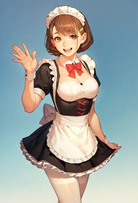 Anime style girl with brown hair and brown eyes in a maid outfit wearing a short skirt with white tights and a smile while standing waving with both hands 