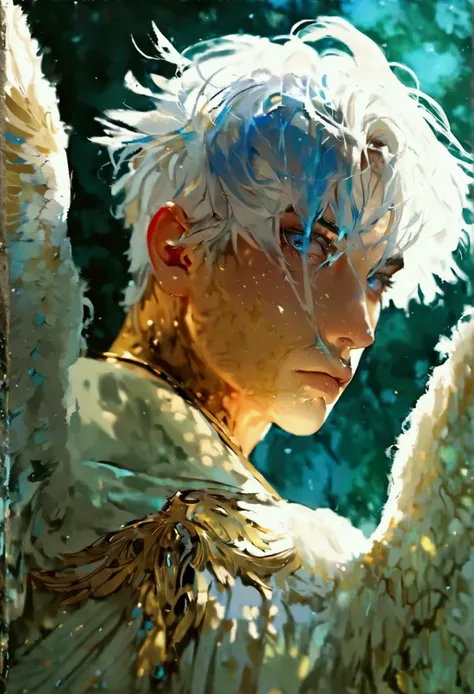 an extremely handsome young man/seraphim with long white hair with different shades of blue streaks and shaggy parted down to the middle bangs he has sharp dark blue eyes with a mix of green and yellow he has 6 massive white angelic wings he wore a white s...