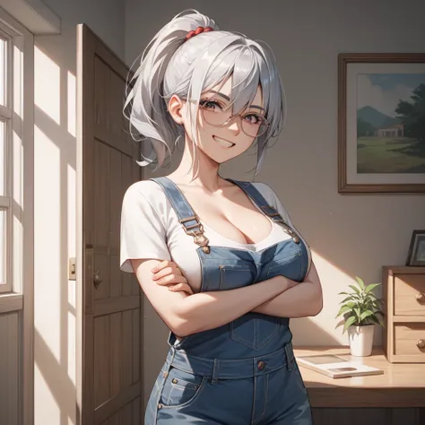 (score_9, score_8_up, score_7_up), source_anime,masterpiece, best quality, ,1 girl, Alone,large breasts, ponytail, Silver Hair, oval glasses, s,hairs between eyes,,, T-Shirts, denim overalls,  cleavage , room, ,,front shot,  , (twisted torso:1.1),, (( arms...