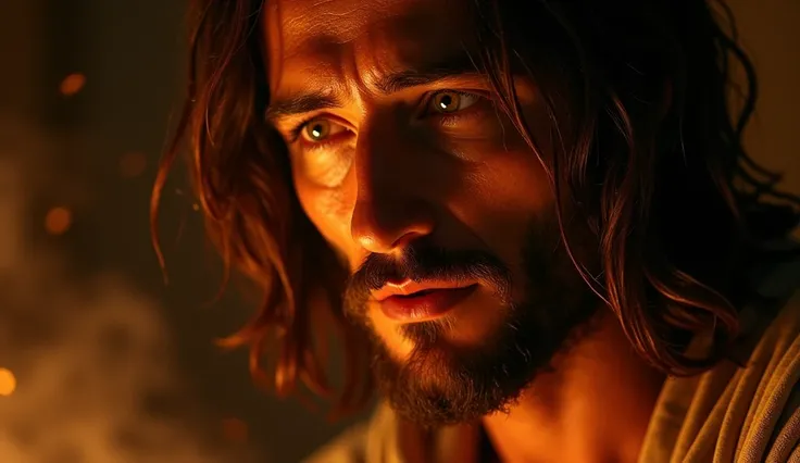 A dramatic and intense portrait of Jesus Christ, captured in close ,  with a predominant warm and golden lighting .  Your face is marked by a strong expression of call and compassion ,  transmitting power and emotion .  deep dark red and shadows create a c...