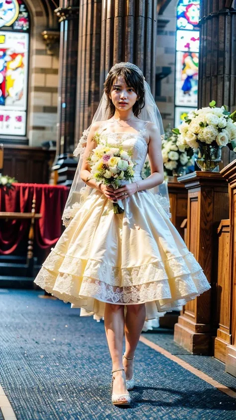 A beautiful young Japanese woman, 26 years old, with healthy thighs, beautiful legs, flawless skin, random hair color and style, large breasts, wearing a (wedding dress:1.3), full body shot, high heels, holding a bouquet in her hands, in a church setting, ...