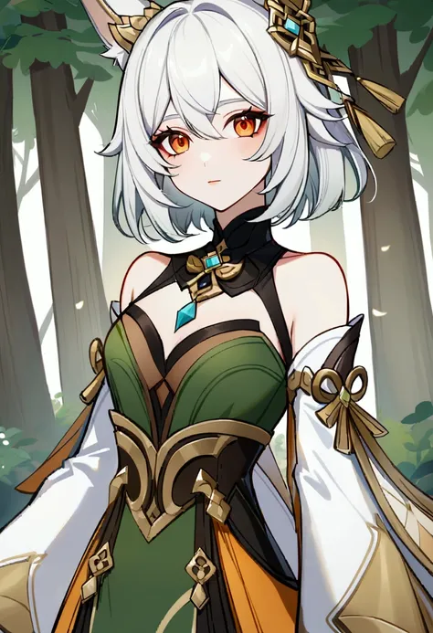 come up with a new character for me genshin, fashion design,cute girl, short white hair, orange eyes, fox ears, clothes include colors:black green, a little gold and white) Chest, neckline, bare shoulders, come up with a design for cute fingerless gloves, ...