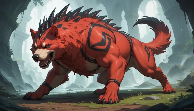 Solo, feral bear-dog creature, furry Red body, Black Markings, Large Black Gemstone Spikes On Shoulders, Black Gemstone Claws, Bulky physique, predatory, huge