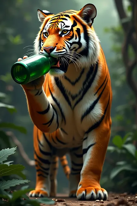 A cool tiger is holding a green bottle and drinking
