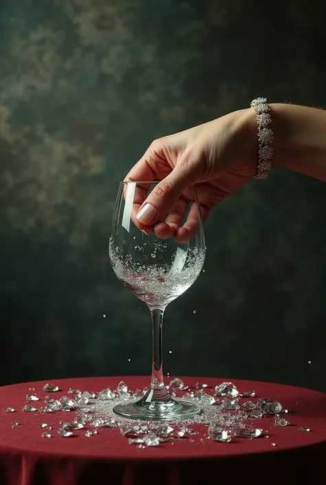 Create a cover for themed music: a female hand squeezing and breaking the wine glass on the table and breaking with shards of glass in the hand with the weather closed and with a delicate bracelet on the wrist