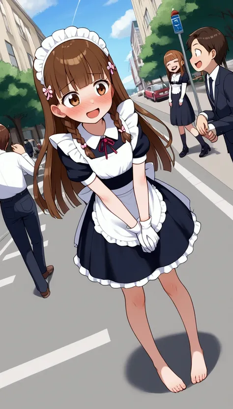 { best quality], [Very beautiful], [Ultra fine], [Best illustration], source_anime,stand,Brown Hair,hime cut,Long Hair,Braids,Excited face,Cutesy, slender, blush, zitales, squinting,Makes me sleepy ,Embarrassed,smile,Street Photography,In the city,From an ...