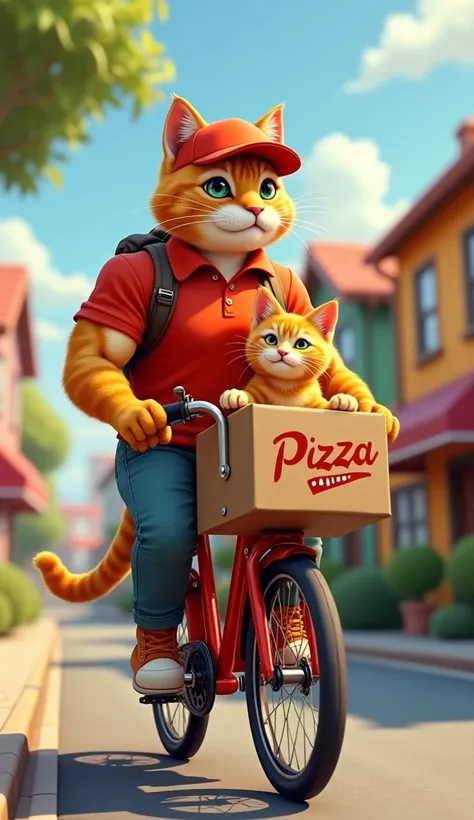 A vibrant and dynamic scene featuring an orange muscular humanoid cat dressed as a pizza delivery boy, wearing casual pants and a shirt, riding a sleek pizza delivery bike. His small orange kitten sits adorably in a secure front seat attachment, looking cu...