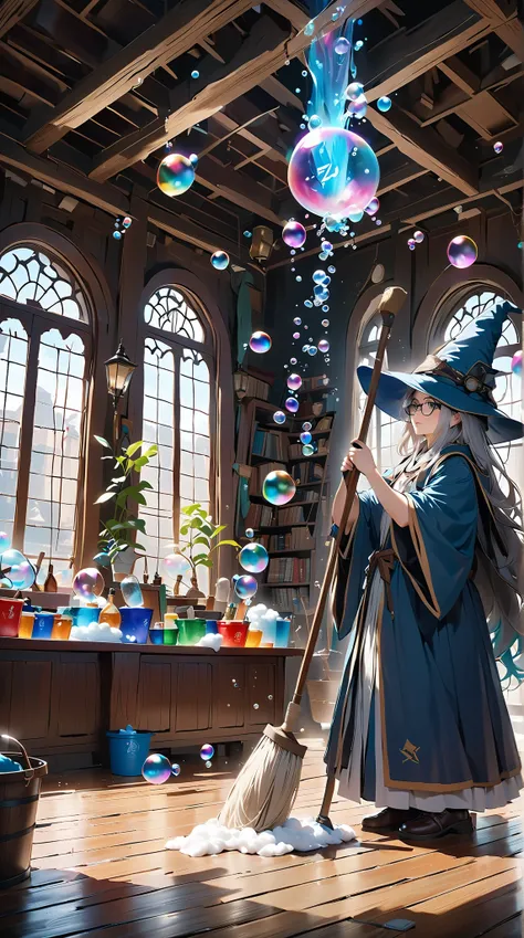 score_9, score_8_up, score_7_up, score_6_up, masterpiece, best quality, 4k, high res, extreme wide, a wizard cleaning, wizard (glasses, robe, mop, pointy hat), (bubble:1.5), water bucket, foam, floating duster, floating broom, floating mop