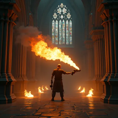  Man shooting a flame-thrower in front of him, inside a dark medieval church 