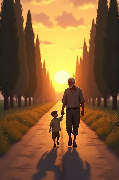 A father and his small son walking down a silent road during sunset