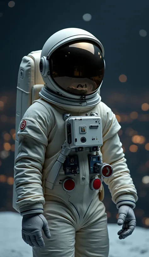 The image prominently features a figure dressed in a detailed astronaut suit, walking through a starry night city. The suit is textured and colored in a muted monochromatic tone, similar to ivory or light gray, contrasting against a darker, indistinct back...