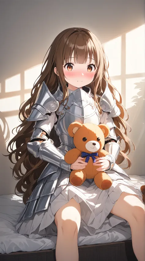 1 girl, (cute face), 18 years old, to many hairstyle, brown hair, (Flustered:1.4), (blush:1.3), medium breasts, wearing fantasy game style plate Armor, (knee length), sitting on the bed, Holding a teddy bear, for glossy skin, cowboy shot, Break 
in room, f...