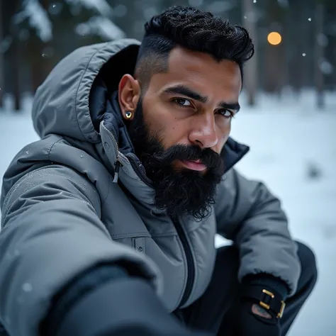 Man with Colombian features, short rubberized black hair model with a stripe on the side and with a gradient, rich black beard, tattooed brown eyes, chubby lips, a gold watch dressed in a light gray Nordic snow jacket with darker gray tones, with gray snow...