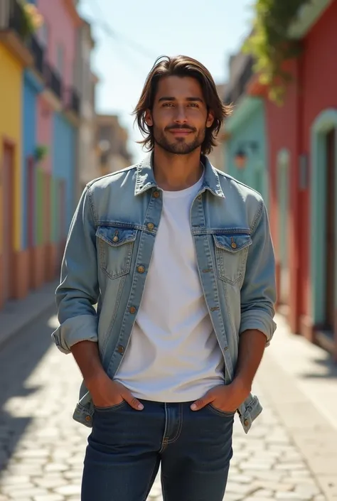 A young man from Argentina, standing confidently in a casual outfit. He has medium-length dark hair, a neatly trimmed beard, and warm tan skin. He is wearing a light denim jacket over a plain white T-shirt, paired with dark blue jeans. The background featu...