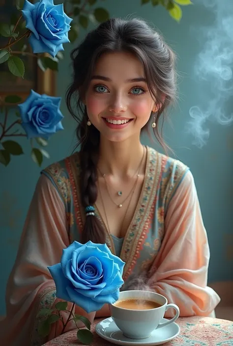 Beautiful pretty girl smiling face 茶色Mughal wearing clothes with blue eyes
Blue rose and cup of coffee 