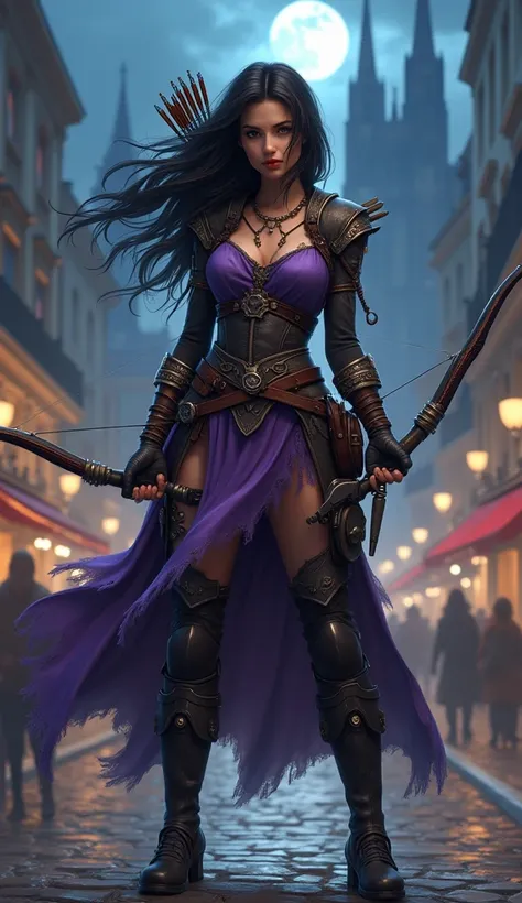 A realistic full-body depiction of a hybrid character combining Esmeralda from The Hunchback of Notre Dame and Hawkeye, standing in a poised, action-ready stance in a bustling, moonlit city square. She wears a tactical outfit inspired by Hawkeye’s sleek, d...