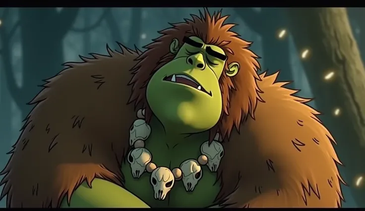  image for a cartoon story YouTube video in Disney style, in Pixar format :  A treasure trove of : Rumble falls asleep A huge giant with greenish skin.  Dressed in wild animal skins .  There is a fang ring in his ear .  Around his neck is a necklace of sma...